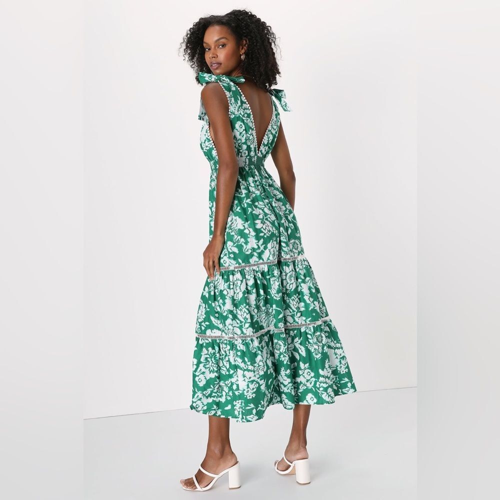 Lulus Sweet Spectacle Green Floral Tie-Strap Boho Wedding Party Maxi Dress S - Picture 6 of 13